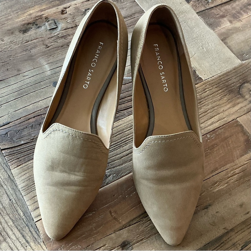 Franco Sarto Tan/Taupe Nubuck Pointed-Toe Flats, Size 9
